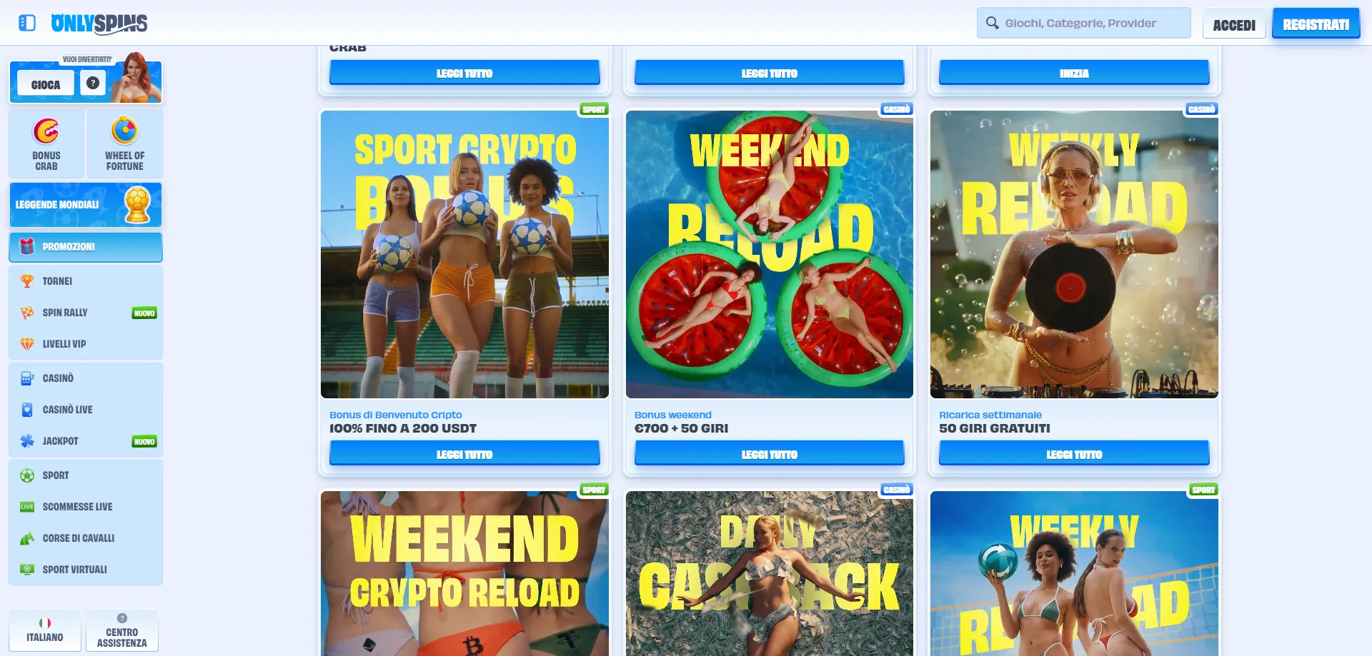 OnlySpins Casin&ograve; bonus di benvenuto fino a &euro;500 e 200 giri gratis