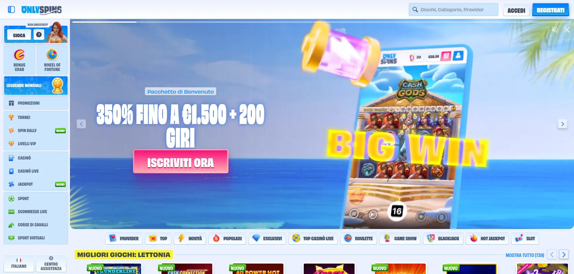 OnlySpins Casin&ograve; Italia panoramica piattaforma e giochi disponibili
