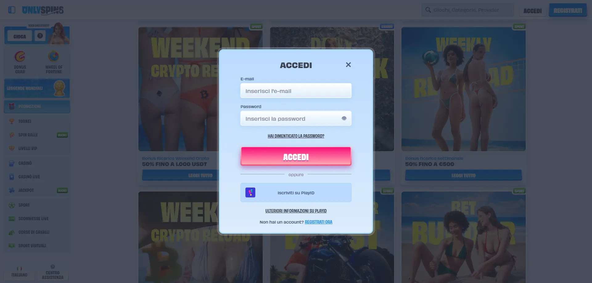 Accesso account OnlySpins Casin&ograve; login sicuro e recupero password