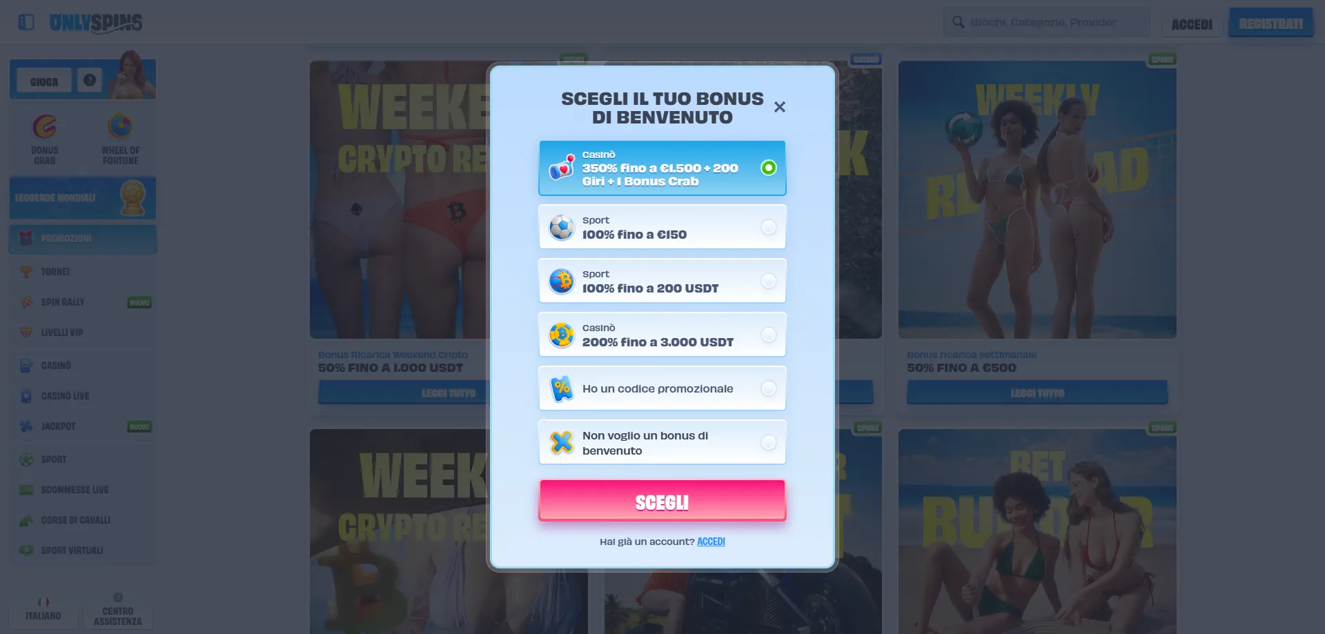 Registrazione account OnlySpins Casin&ograve; Italia procedura rapida