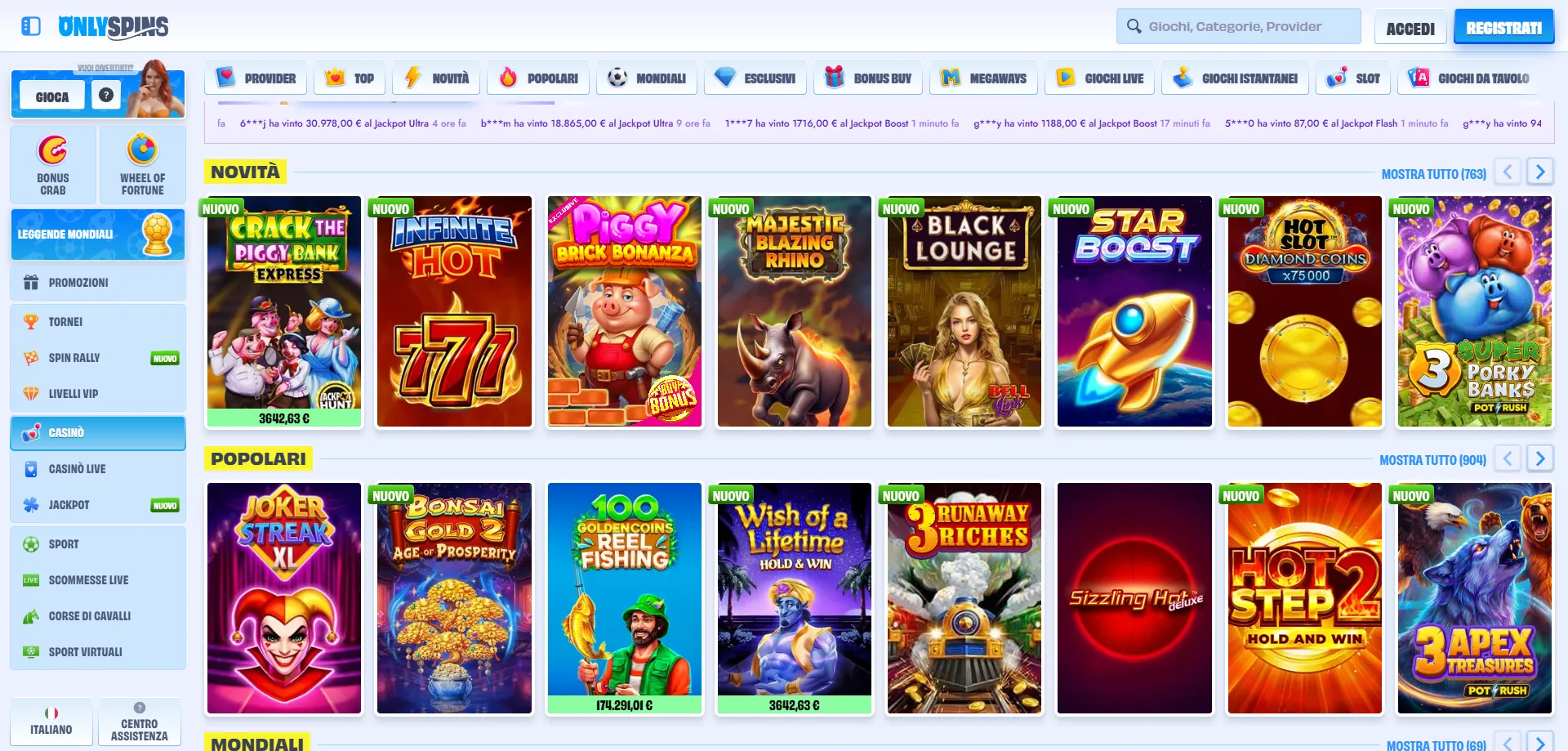 Catalogo slot OnlySpins Casin&ograve; giochi online provider top